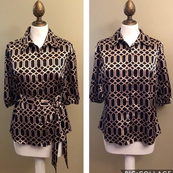 Like New-3/4 Button Front Blouse-Black&Pewter-S 10 - Picture 1 of 12